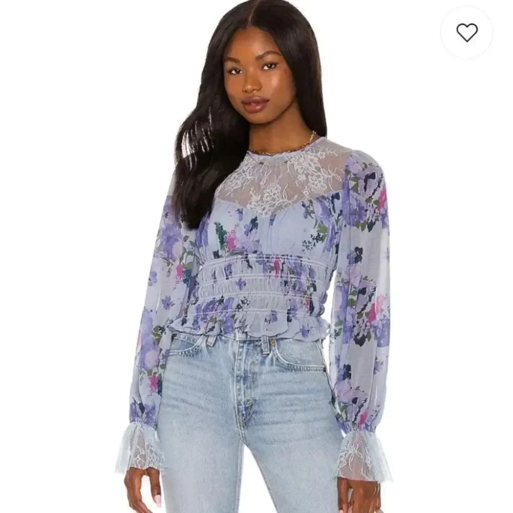 Free People Daphne Blouse in Silver Blue Combo NWT Sz S